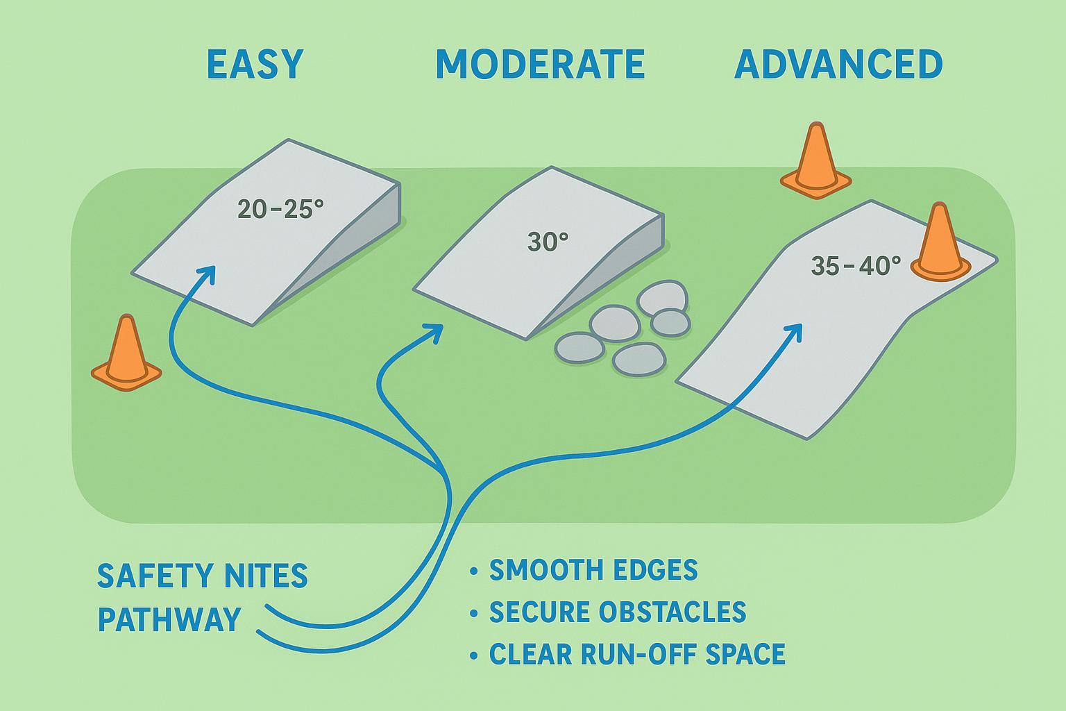 Diagram of a three-zone backyard RC crawler course: easy, moderate, advanced, with arrows and safety notes.