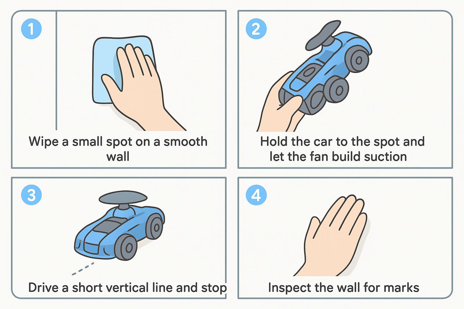 Four‑panel illustration showing the surface quick‑test steps for a wall‑climbing RC car: clean, attach, drive briefly, inspect.