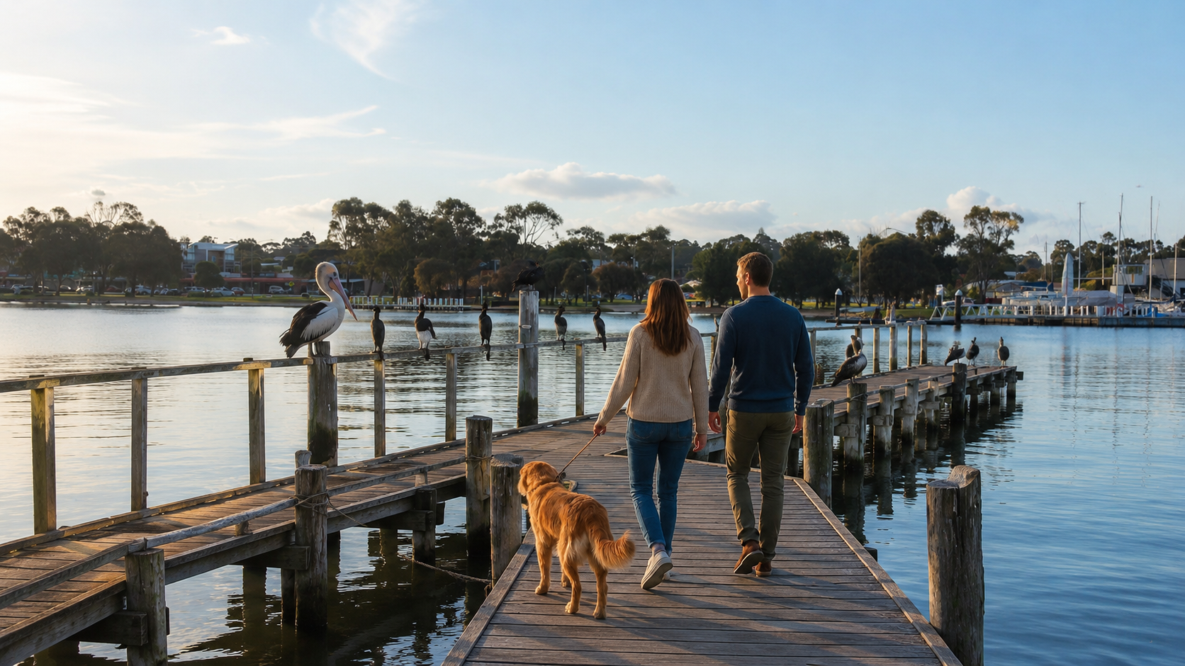 Pet friendly accommodation in the Gippsland Lakes cover image: sunrise over a Paynesville jetty with a couple walking a dog along the foreshore