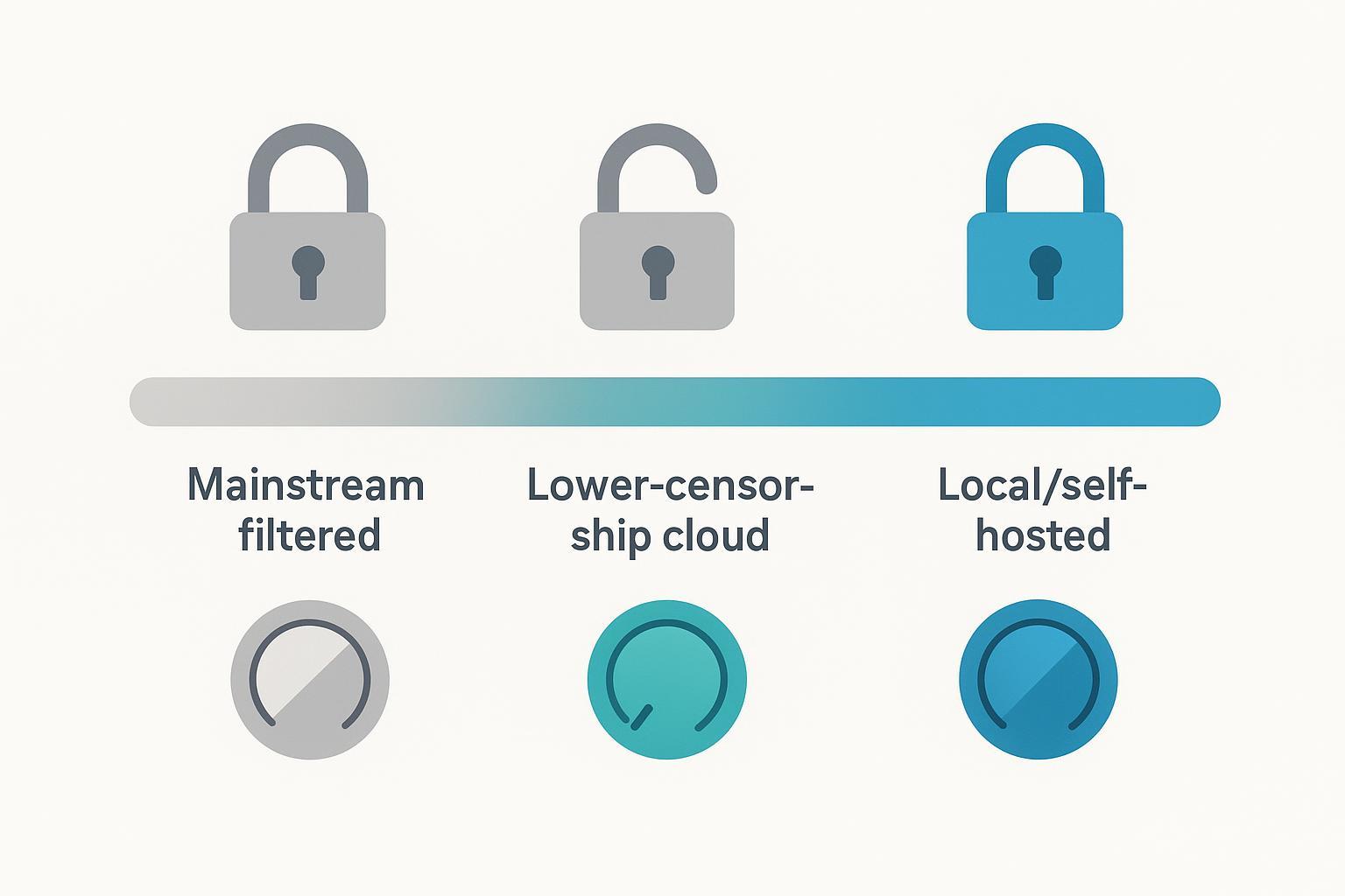 Infographic spectrum from mainstream filtered tools to local self-hosted setups, showing decreasing locks and increasing control dials.