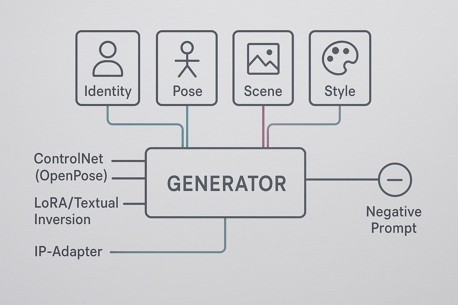 Diagram of modular prompt workflow with Identity, Pose, Scene, Style blocks and ControlNet/LoRA/IP-Adapter inputs