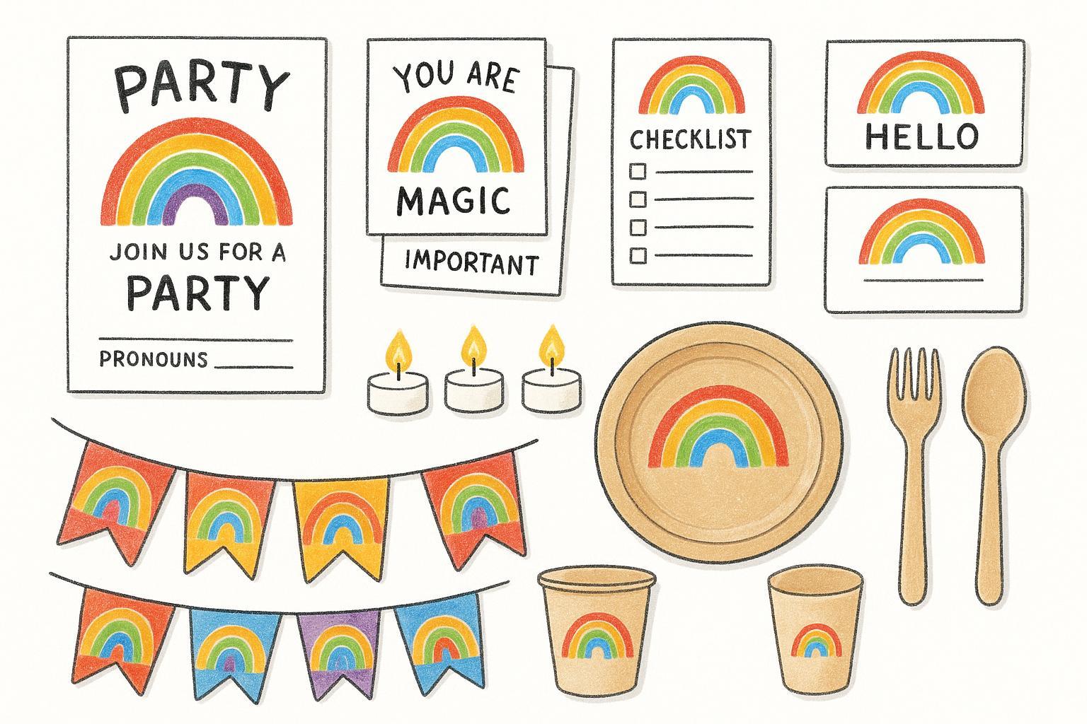 Rainbow party toolkit flat-lay with affirmation cards and inclusive invitations for coming out celebration ideas