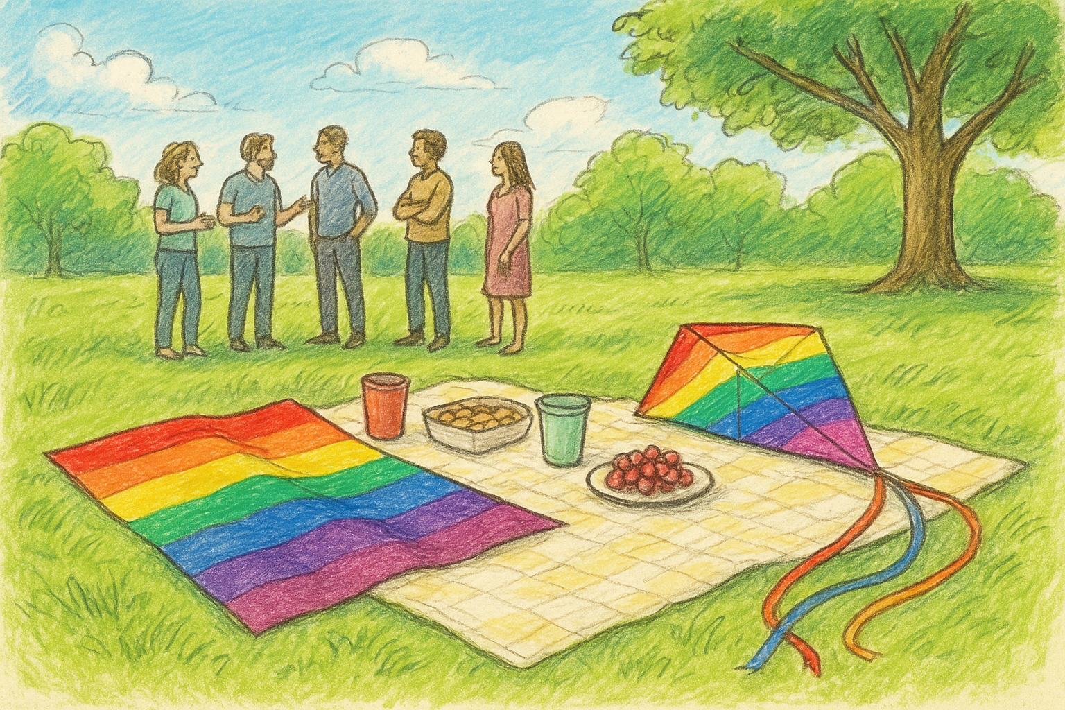 Outdoor picnic with Pride flag and kite for inclusive coming out party ideas