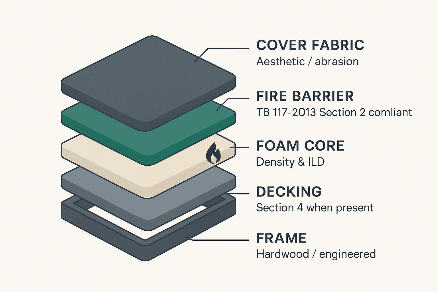 Infographic cutaway of upholstered seating: fabric, barrier, foam, deck, frame