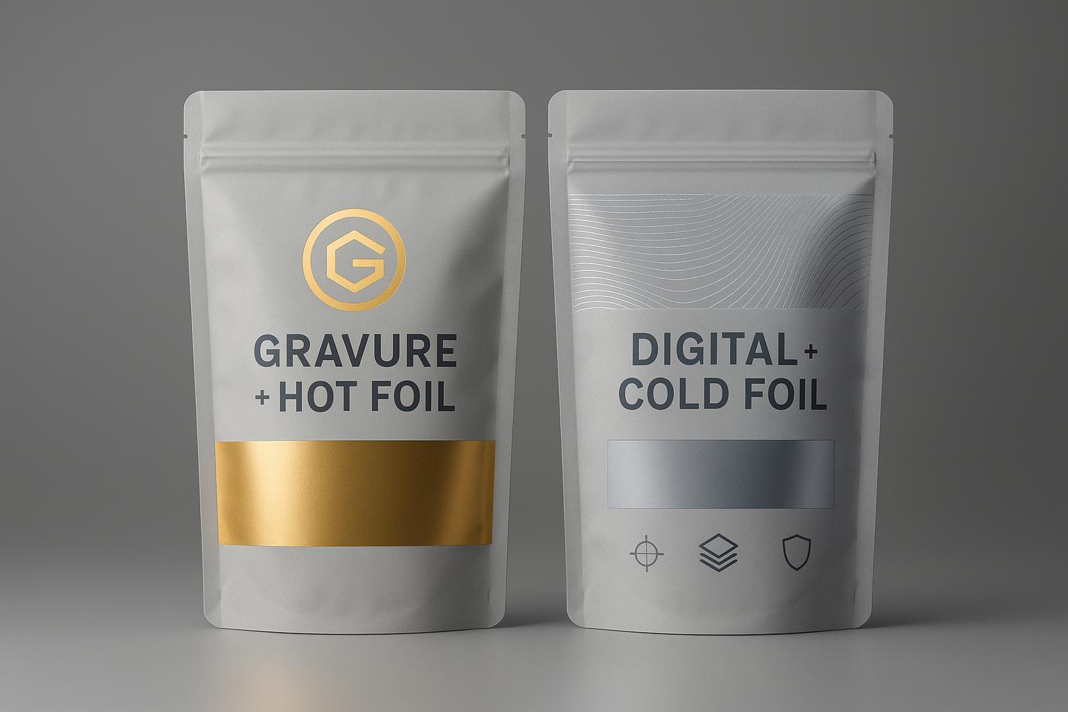 Gravure hot foil vs digital cold foil flexible pouches comparing matte and gloss finishes