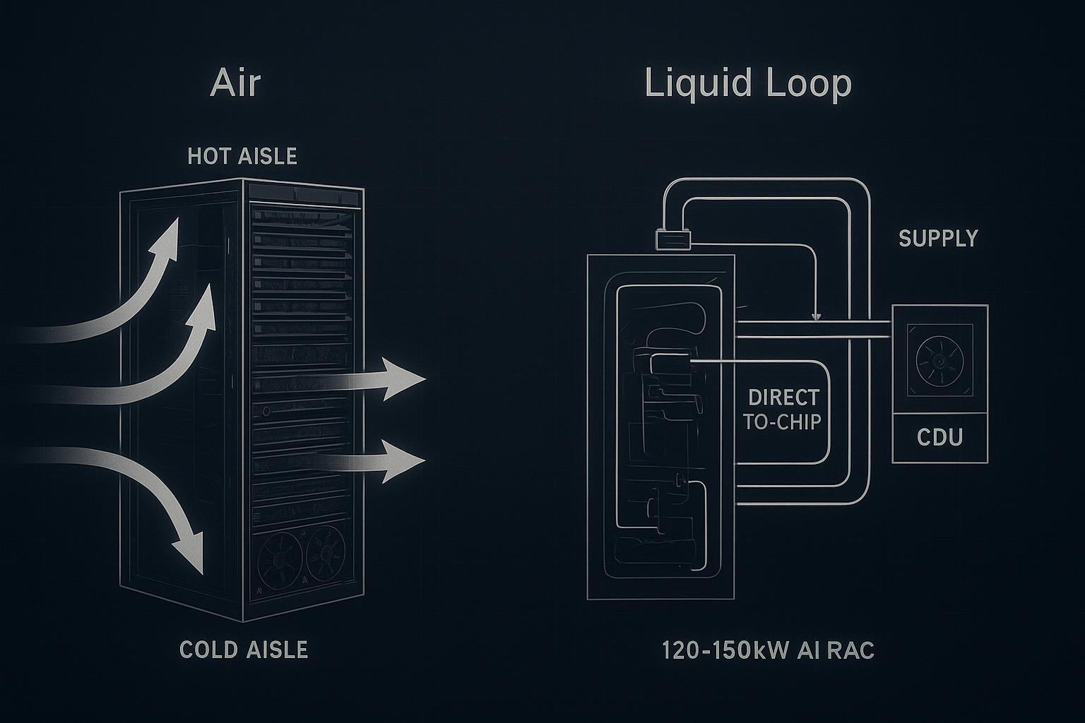 Schematic comparison of airflow vs liquid loop heat paths for a 120&ndash;150kW AI rack