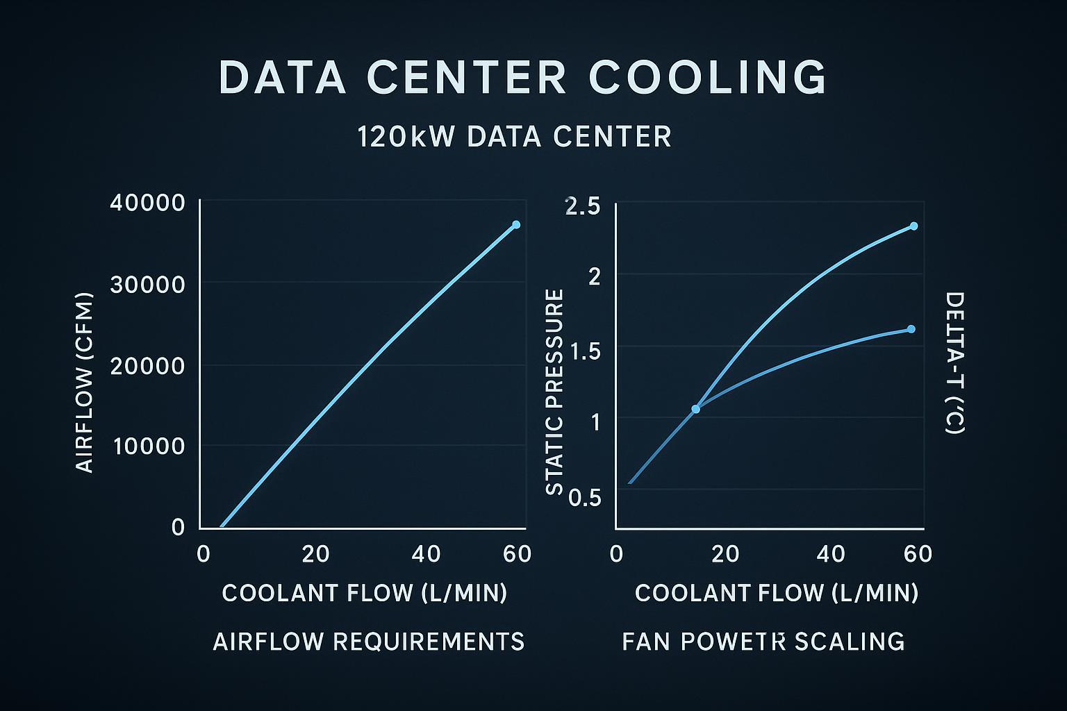 Infographic showing the scaling gap between air (CFM/static pressure) and liquid (flow/&Delta;T) at 120kW