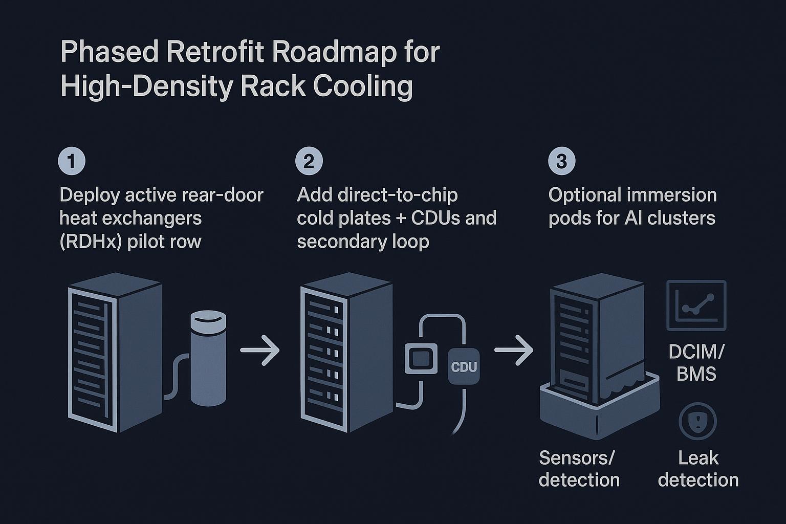 Phased retrofit roadmap diagram (RDHx first, then D2C + CDUs, optional immersion pods)