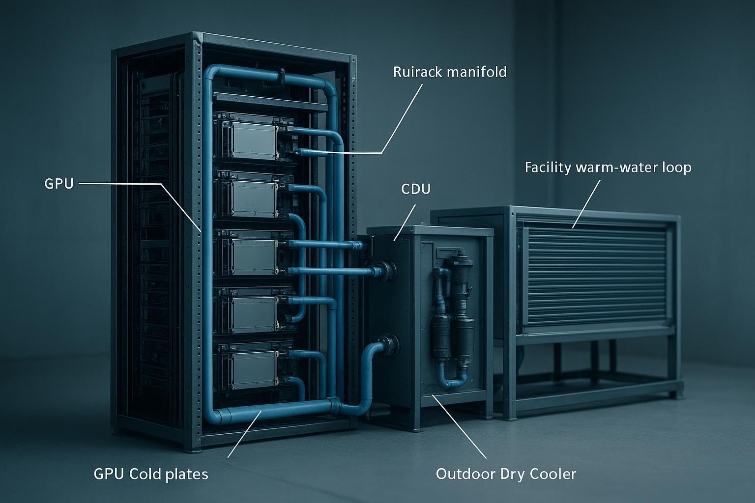 Schematic of rack-scale warm-water direct-to-chip GPU liquid cooling loop from chip to dry cooler