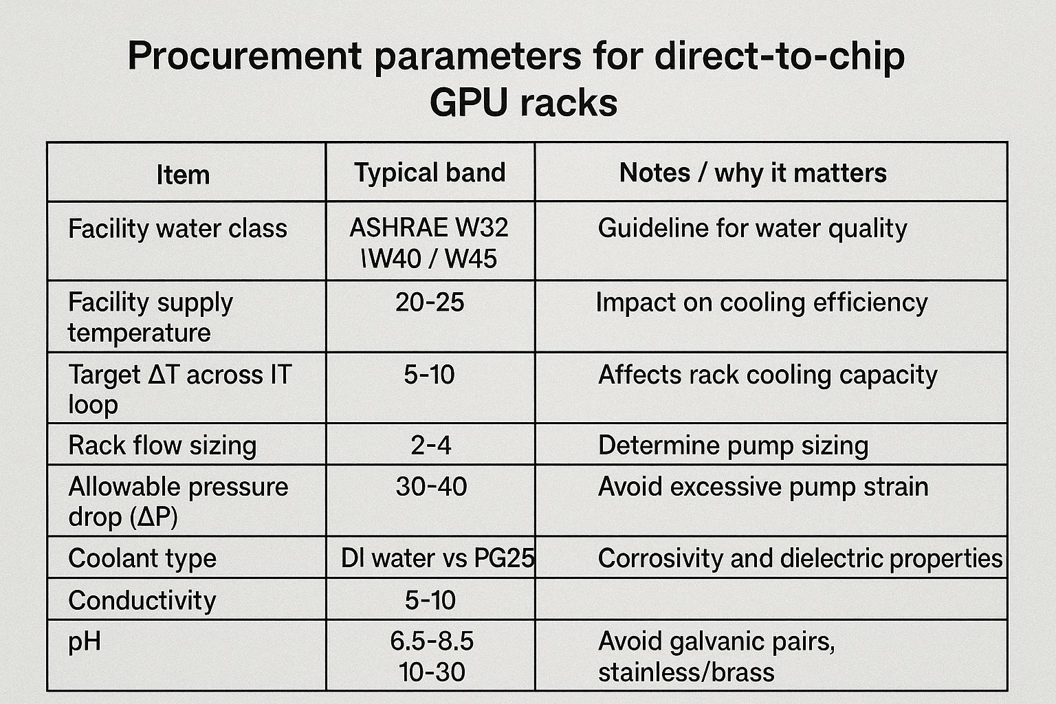 Engineering infographic: table of supply temps, &Delta;T, flow bands, and water chemistry targets for DTC GPU racks