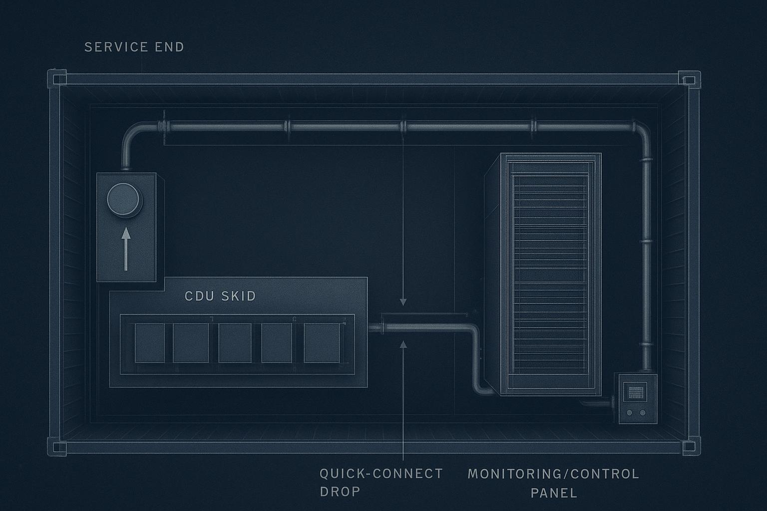 Layout diagram: container module layout showing CDU skid, dual headers, and a single liquid-cooled rack