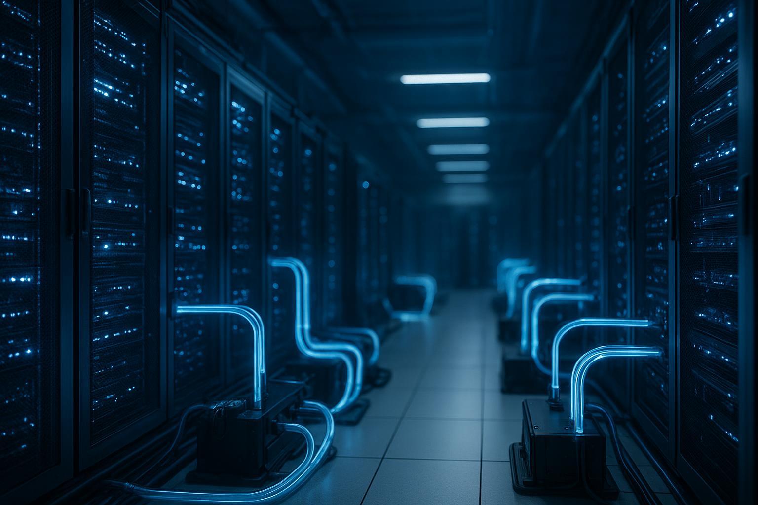 AI data hall showing direct-to-chip liquid cooling loops and CDUs
