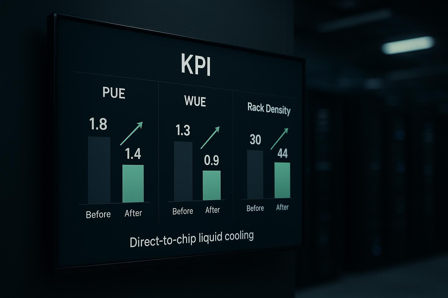 Mini dashboard showing before/after improvements in PUE, WUE, and rack density for direct-to-chip liquid cooling