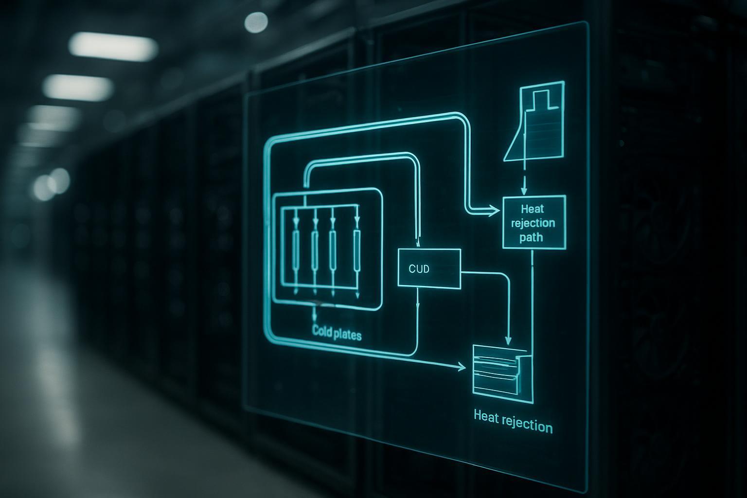 GPU racks with liquid loops and heat rejection path schematic overlay