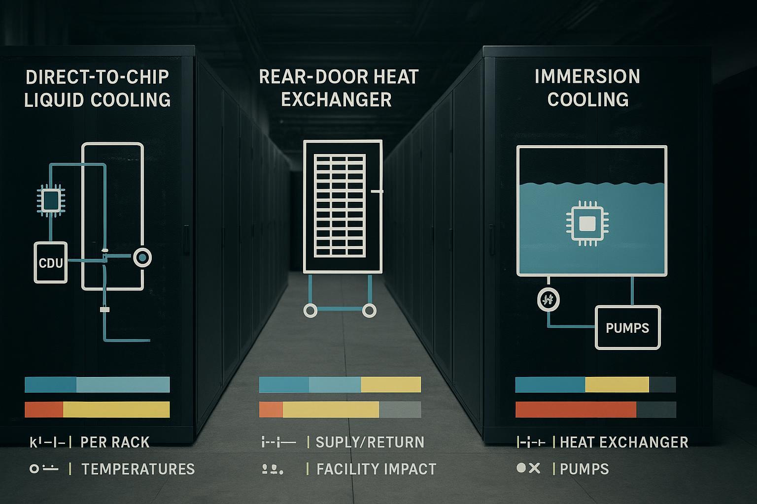 Infographic comparing direct-to-chip, rear-door heat exchangers, and immersion cooling