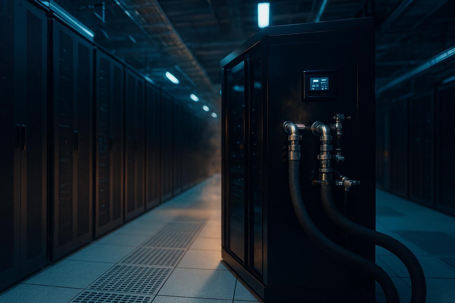 Hybrid data hall with air-cooled rows and a liquid-cooled AI pod with CDUs and manifolds.