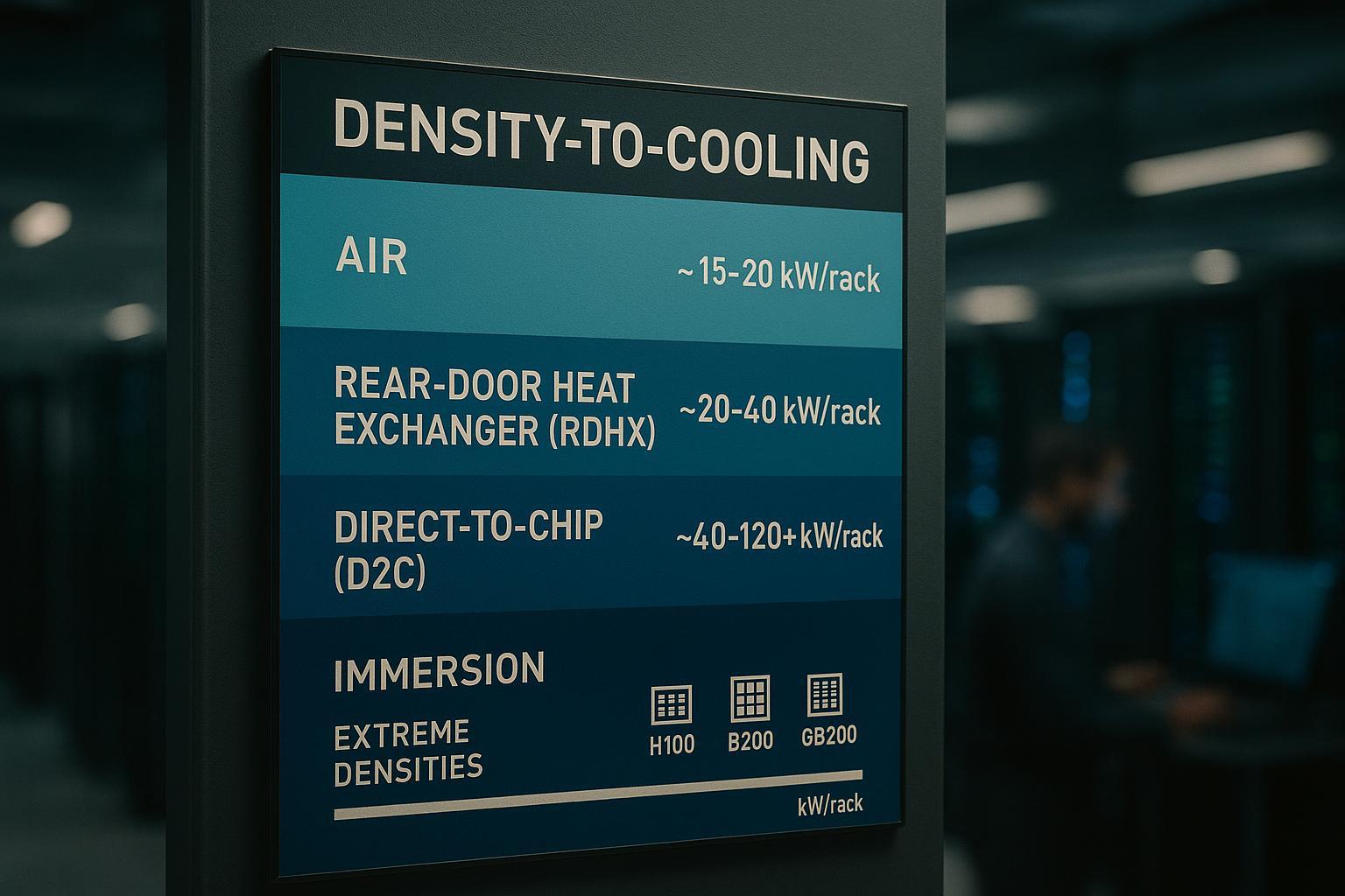 Infographic: density-to-cooling map showing air, RDHx, D2C, and immersion bands with GPU class overlay