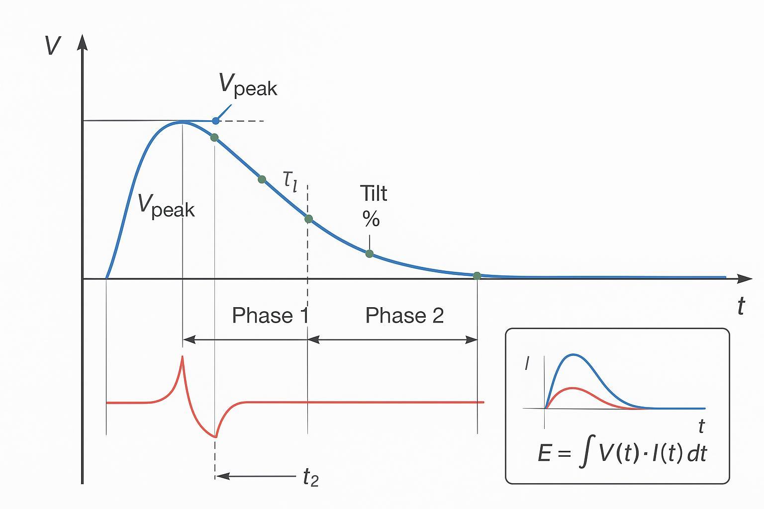 Defibrillator Tester Guide: Energy, Waveform, and IEC 60601-2-4/IEC 62353 Compliance 2 Annotated biphasic waveform diagram with voltage, current, durations, tilt, and sampling points