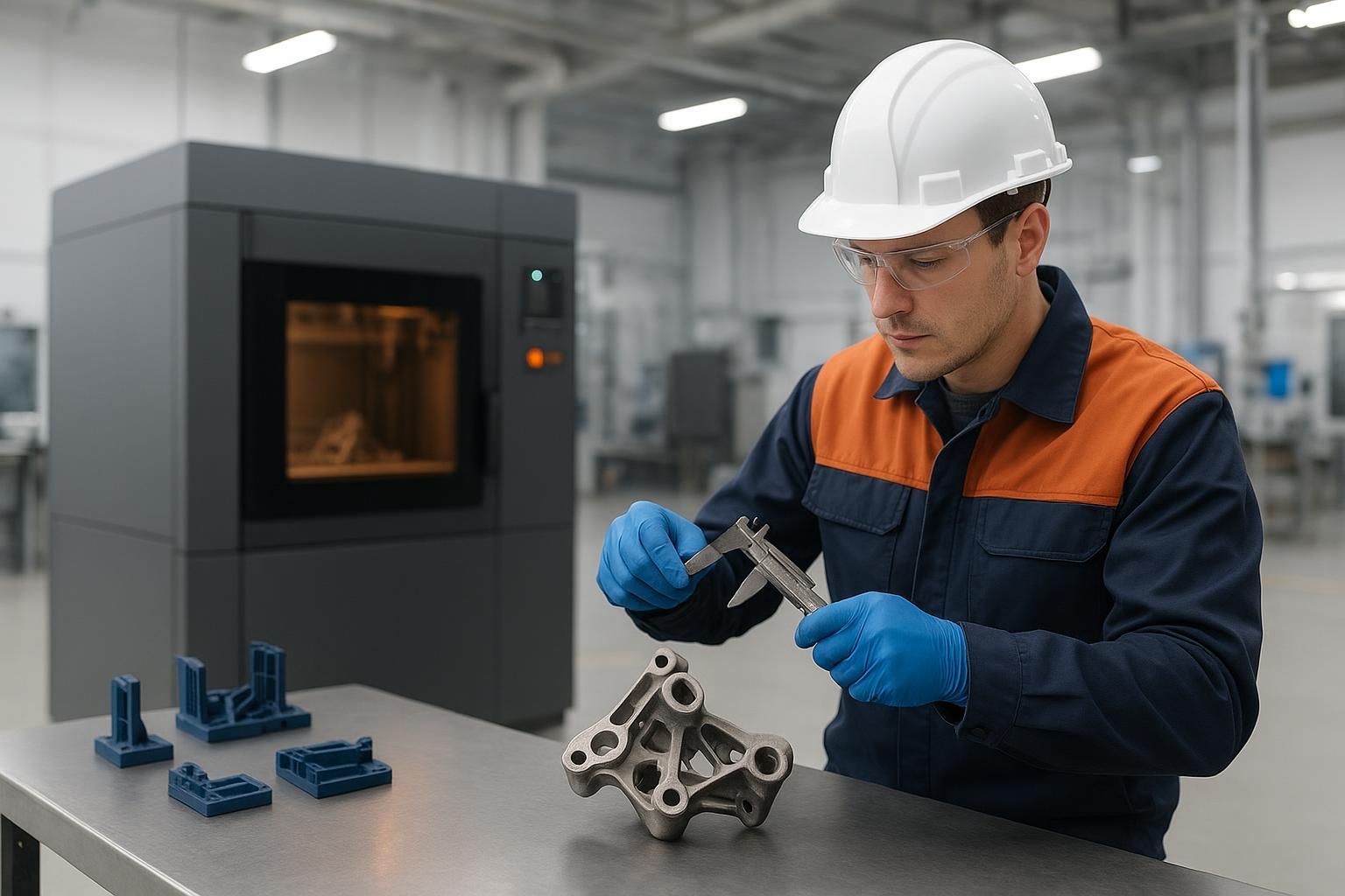 Industrial 3D printing applications on a factory floor, with a technician inspecting printed parts.