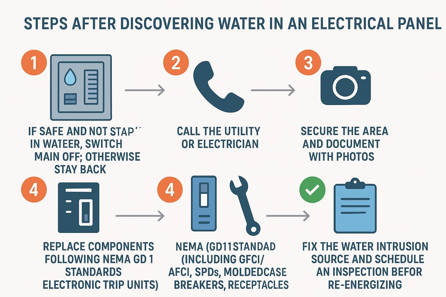 Action-flow infographic detailing safe steps, calls, documentation, replacement, and repair after water in a panel