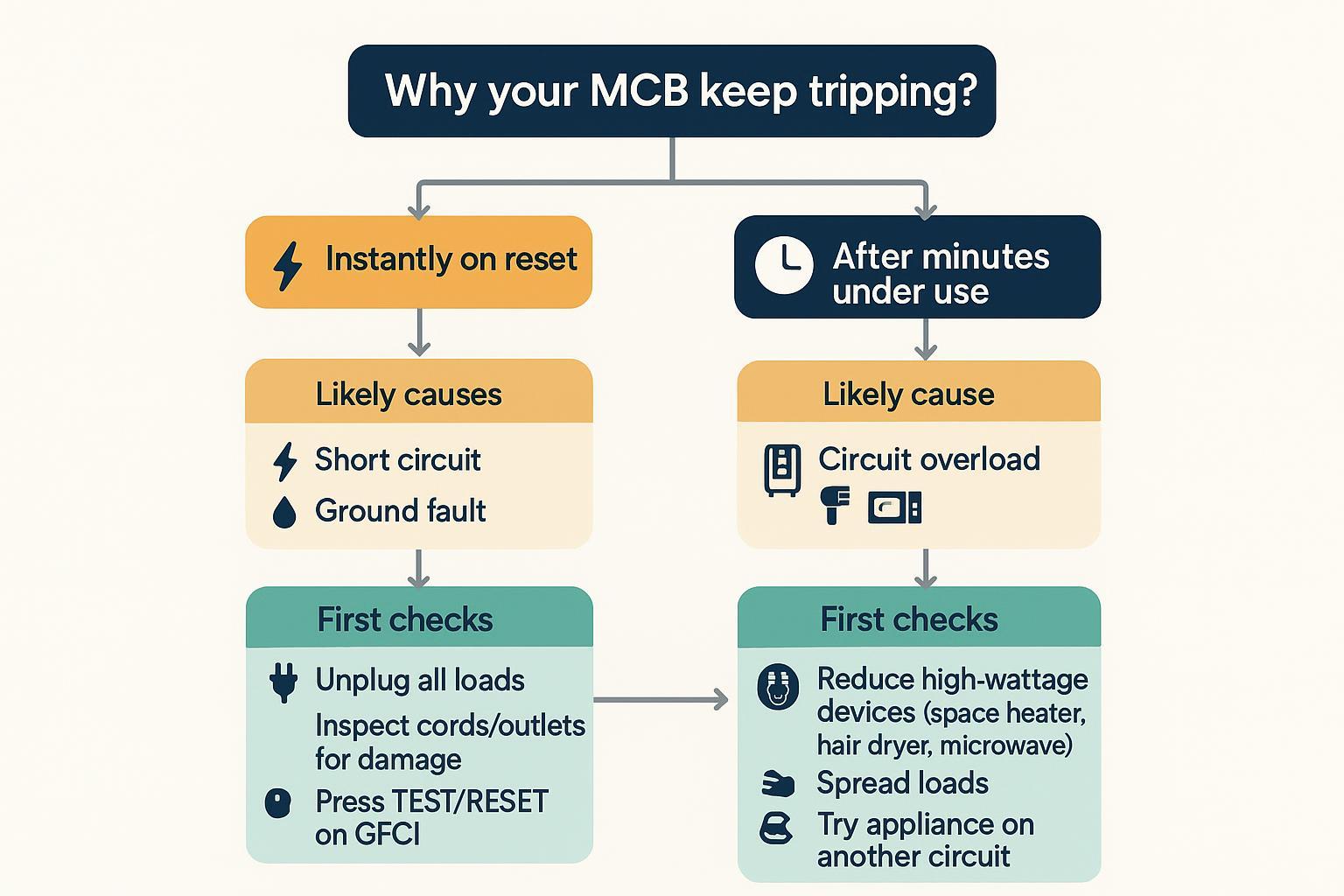 Decision-tree infographic: instant trip vs delayed trip, mapping to short/ground fault vs overload with first checks