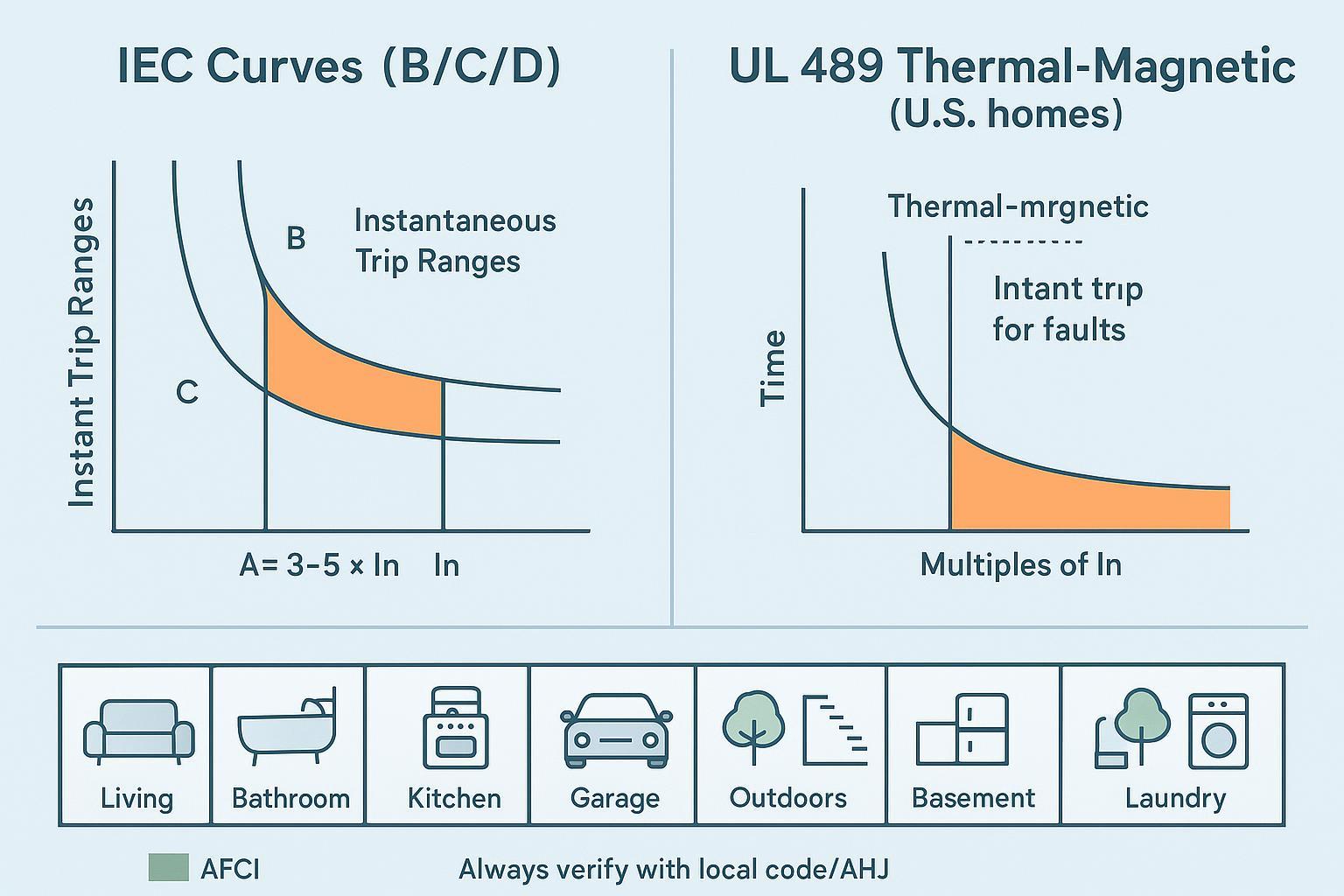 Side-by-side infographic comparing IEC B/C/D curves to typical UL 489 breaker behavior with AFCI/GFCI home locations