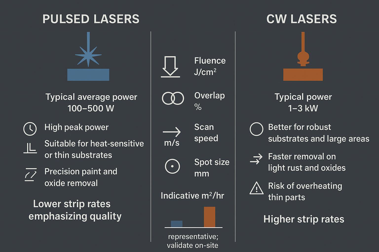 Infographic comparing pulsed vs CW laser cleaning roles, parameters, and indicative m²/hr ranges