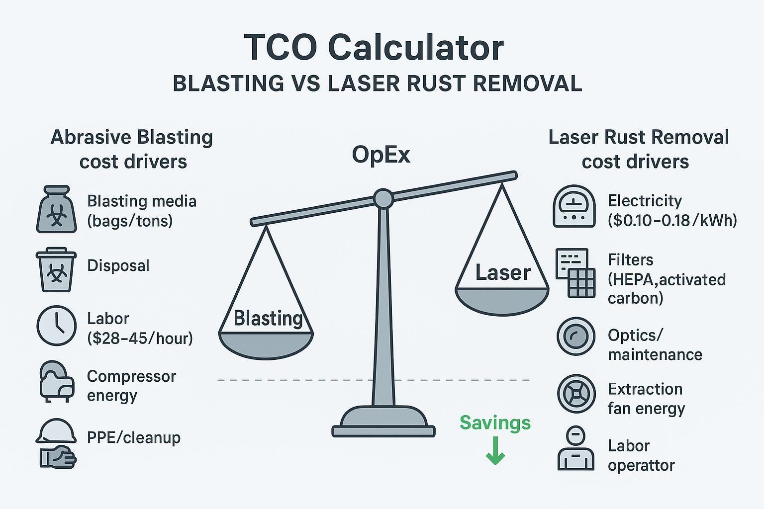 Infographic comparing TCO cost drivers: blasting media and disposal vs electricity and filters
