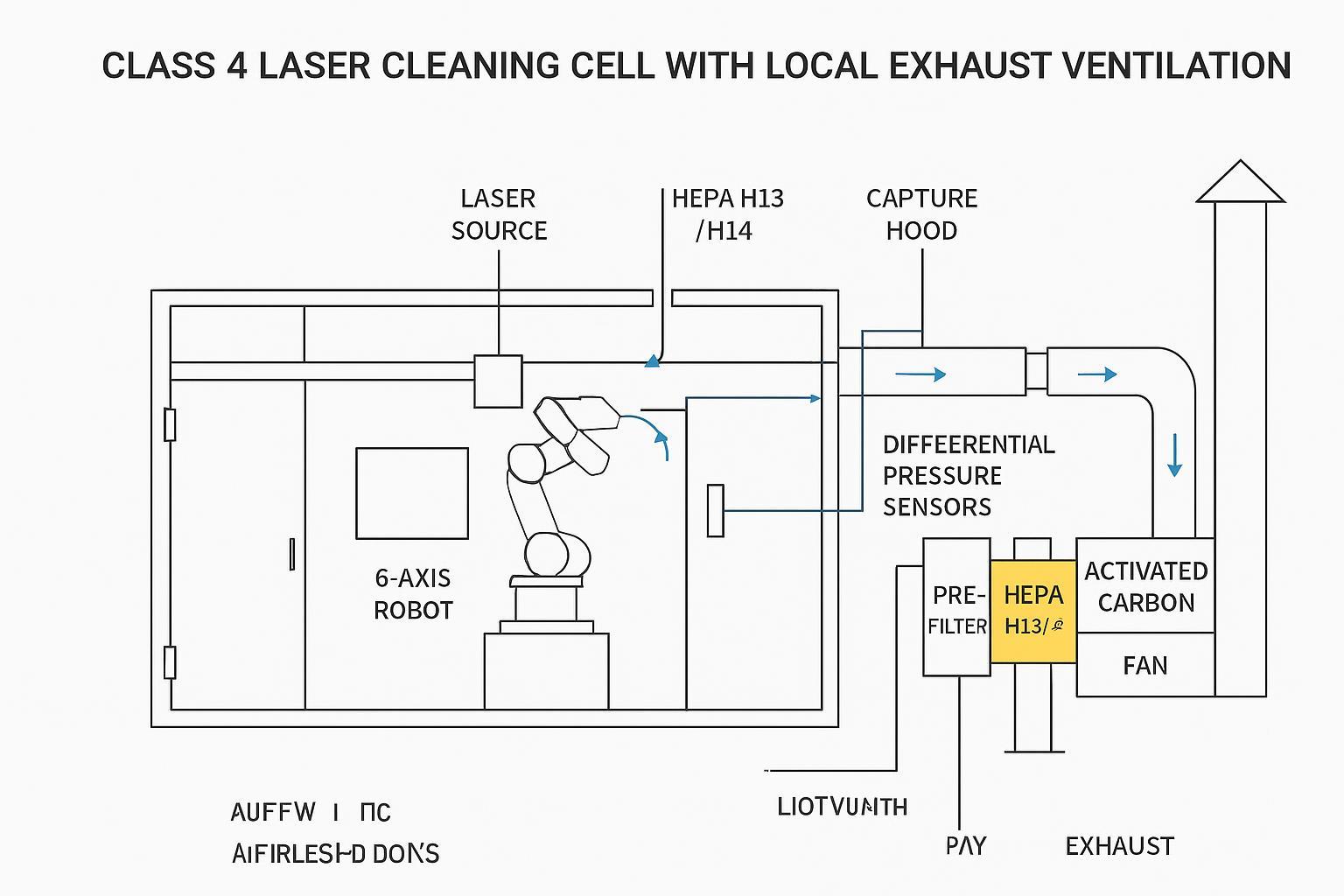 Process diagram of LEV with HEPA H13/H14 and activated carbon integrated into a Class 4 laser cleaning cell
