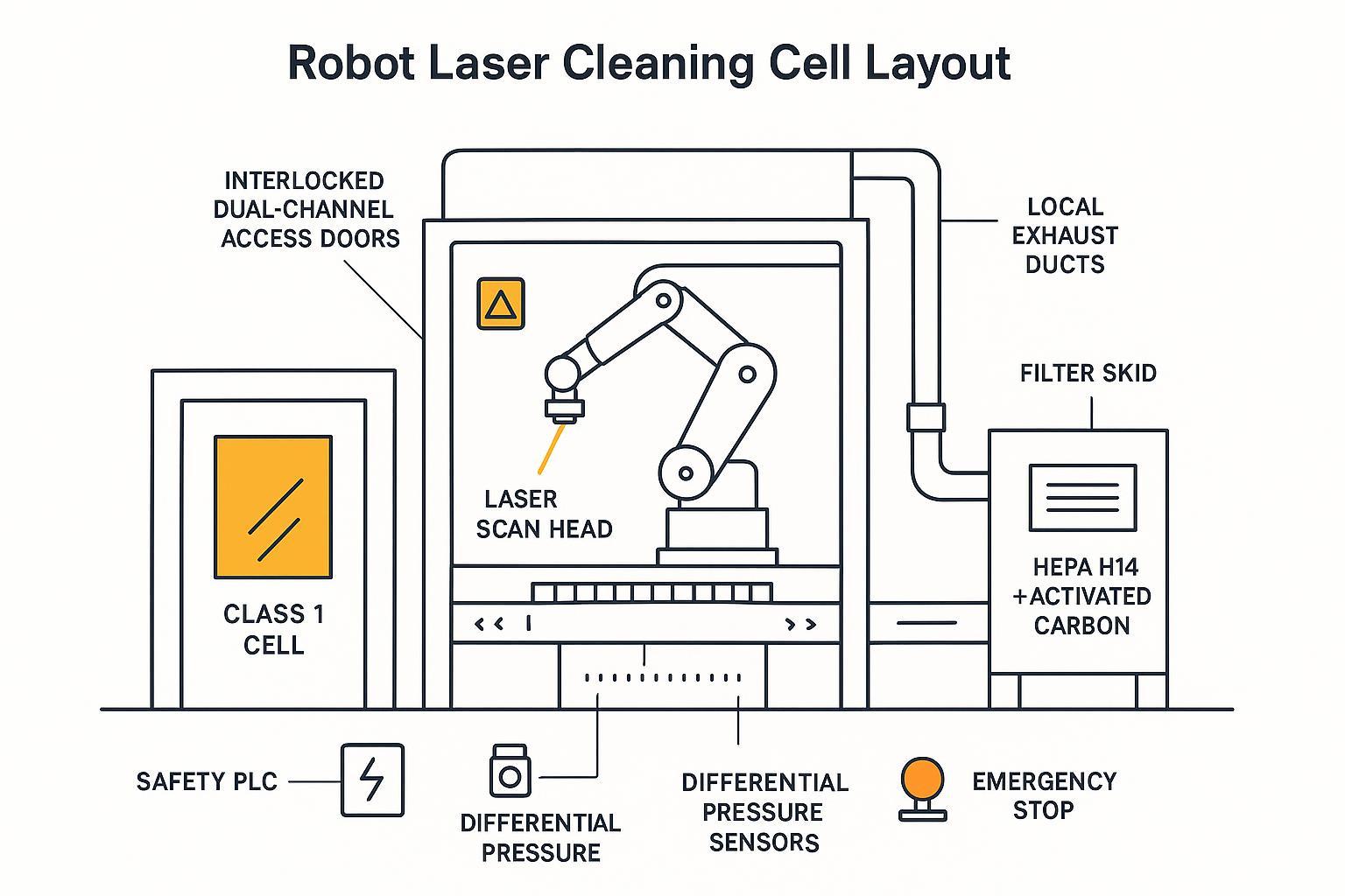 Schematic of a robotized laser cleaning cell with enclosure, interlocks, fume extraction, and conveyor