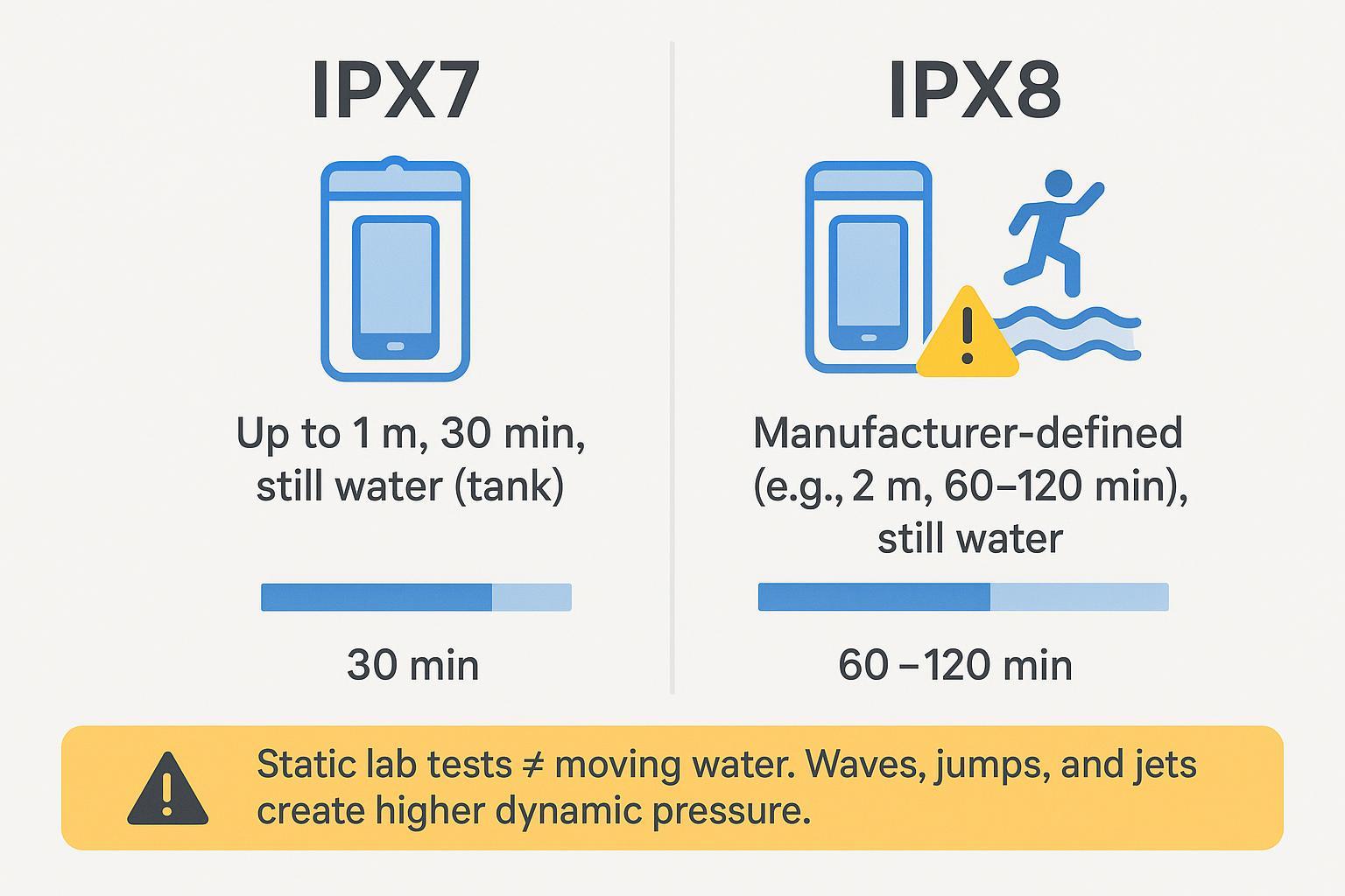 Infographic comparing IPX7 vs IPX8 ratings with a note that dynamic water pressure exceeds lab tests