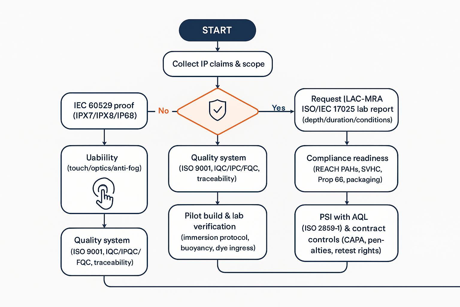 Supplier evaluation flowchart for waterproof phone pouch manufacturers