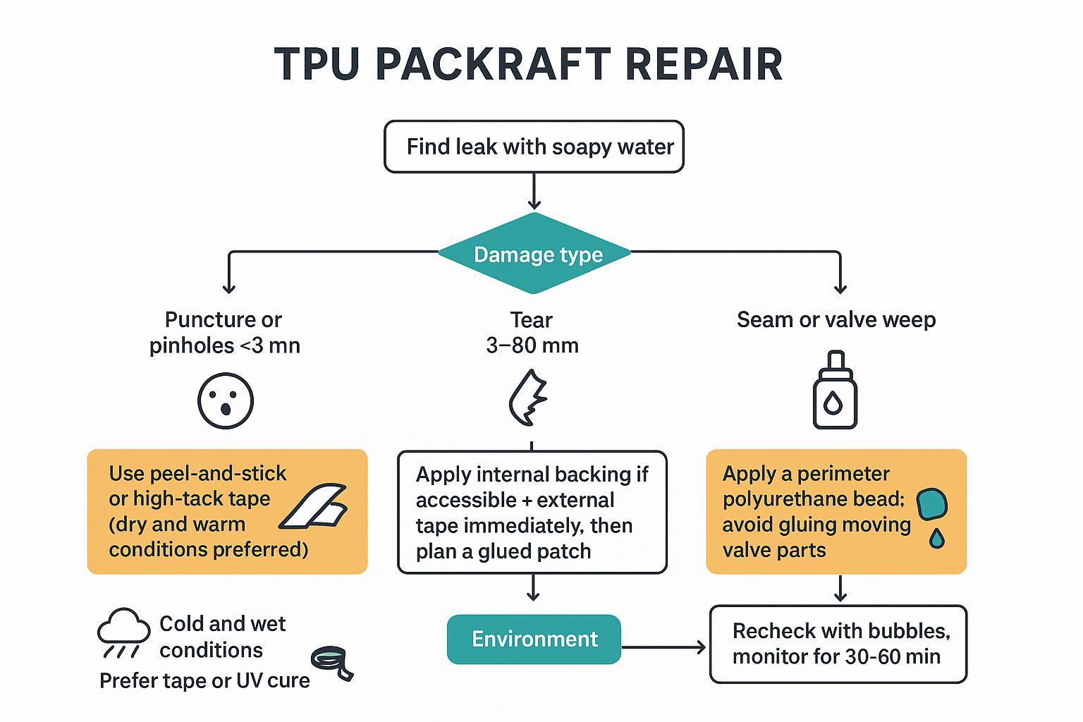 TPU packraft repair decision flow: soap-find leak, then choose tape, UV, or glue by damage size and field conditions.