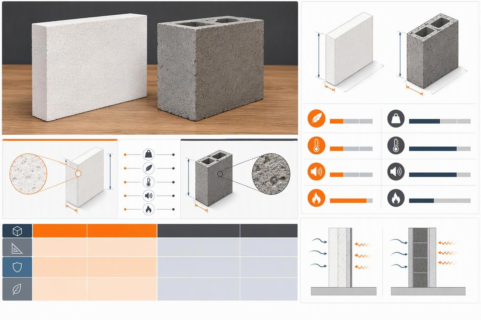 A comparative chart of AAC panel metrics vs CMU: density, thermal conductivity, fire ratings