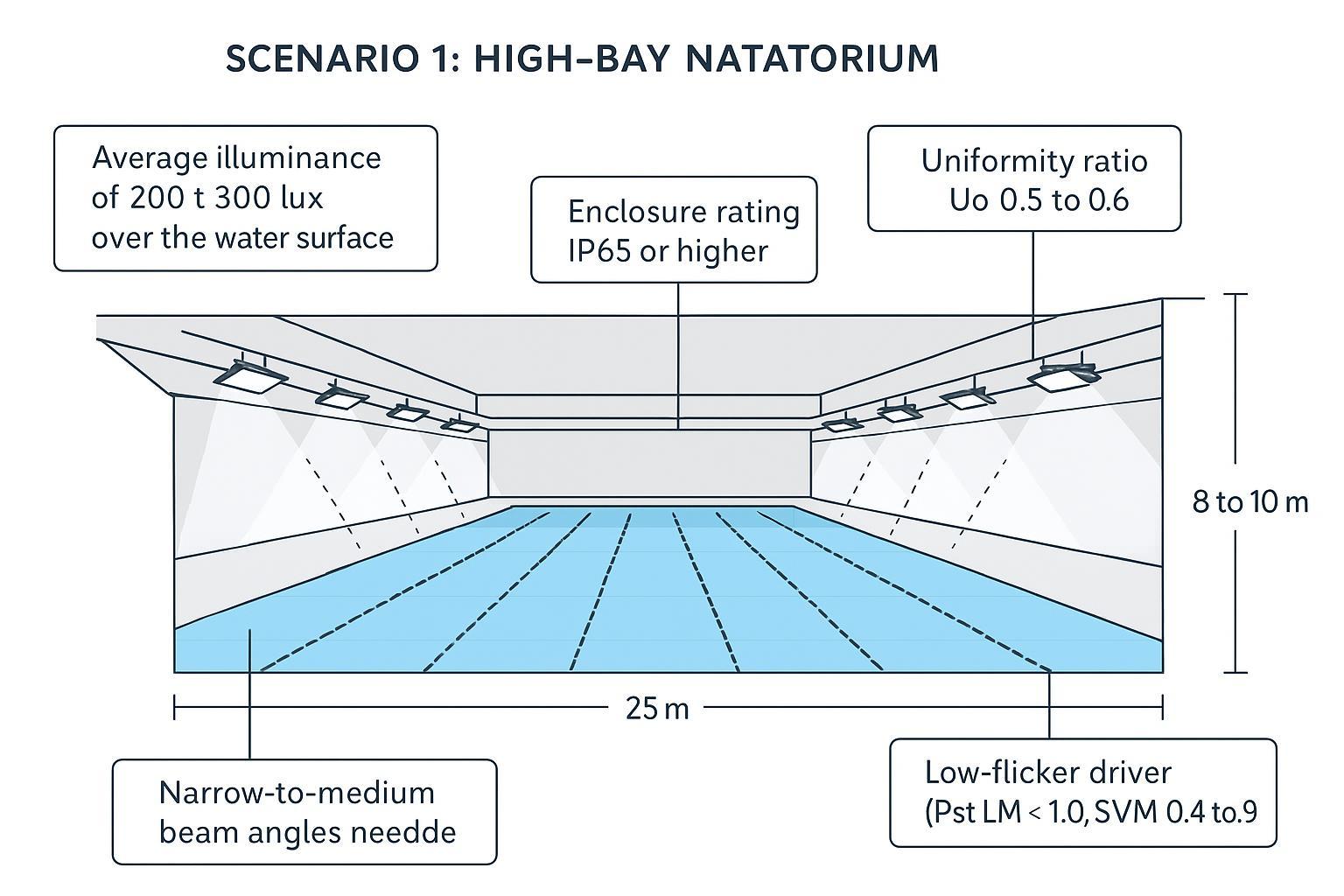 Scenario 1 schematic: high-bay natatorium lighting layout and specifications