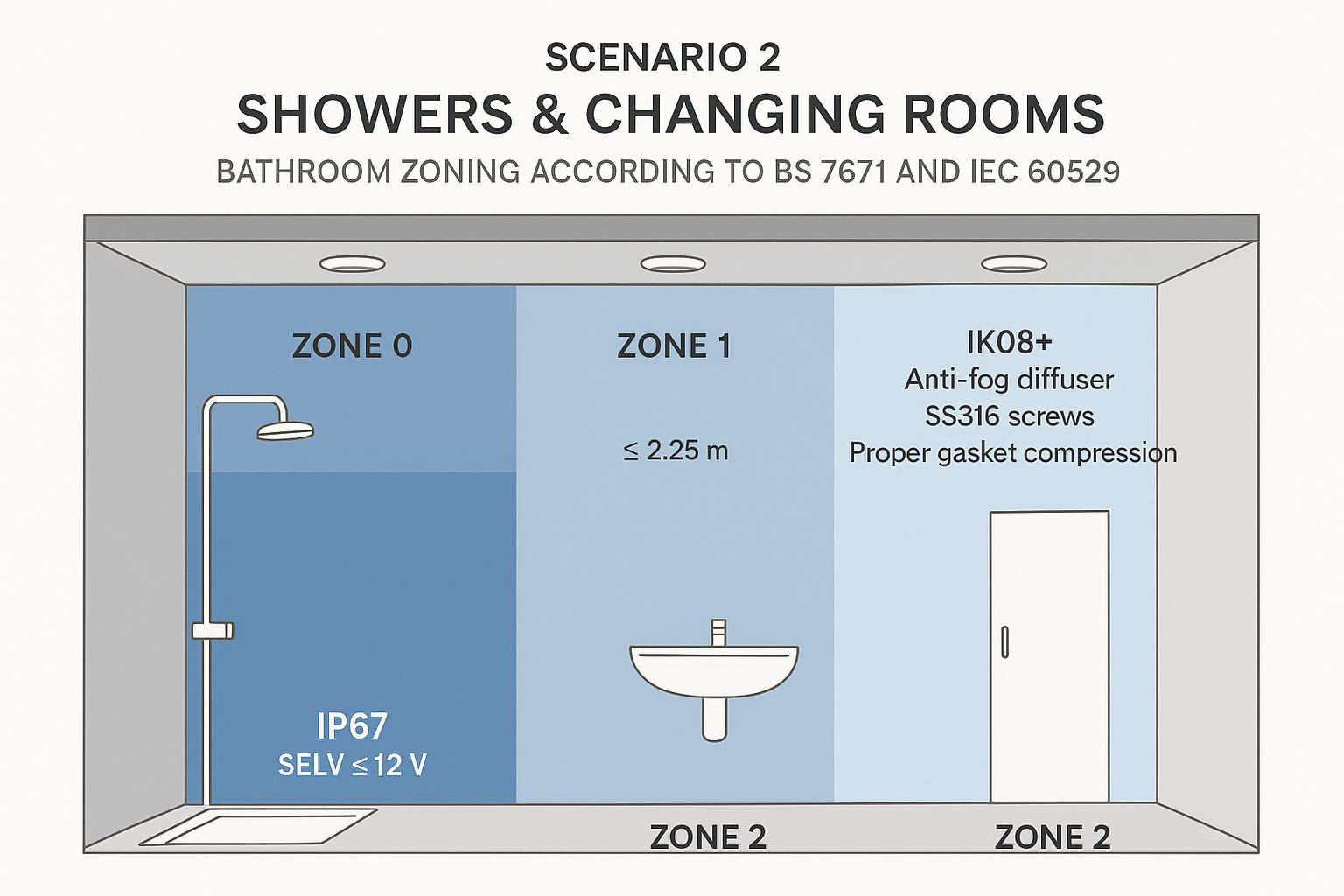 Scenario 2 schematic: shower and changing room zones with appropriate IP ratings and fixture notes
