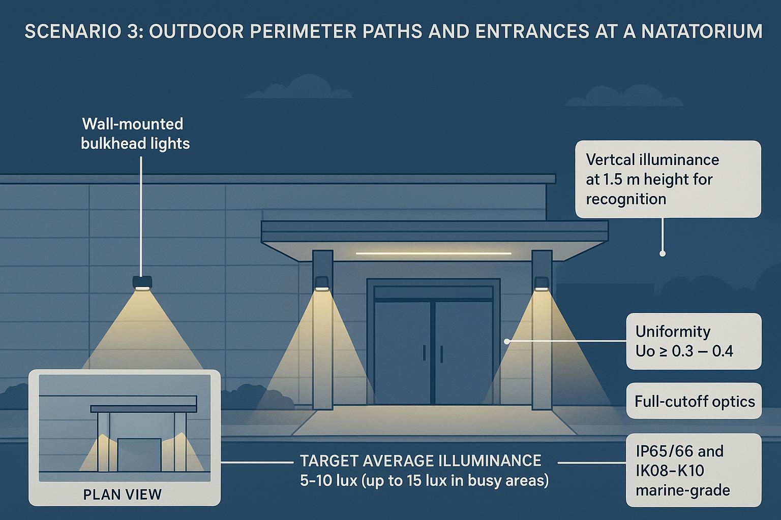 Scenario 3 schematic: outdoor perimeter lighting with wall bulkheads and canopy ceiling fixtures