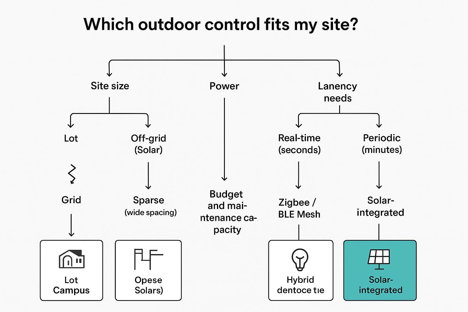 Decision tree for choosing outdoor smart lighting control by site size, power, density, latency, and budget