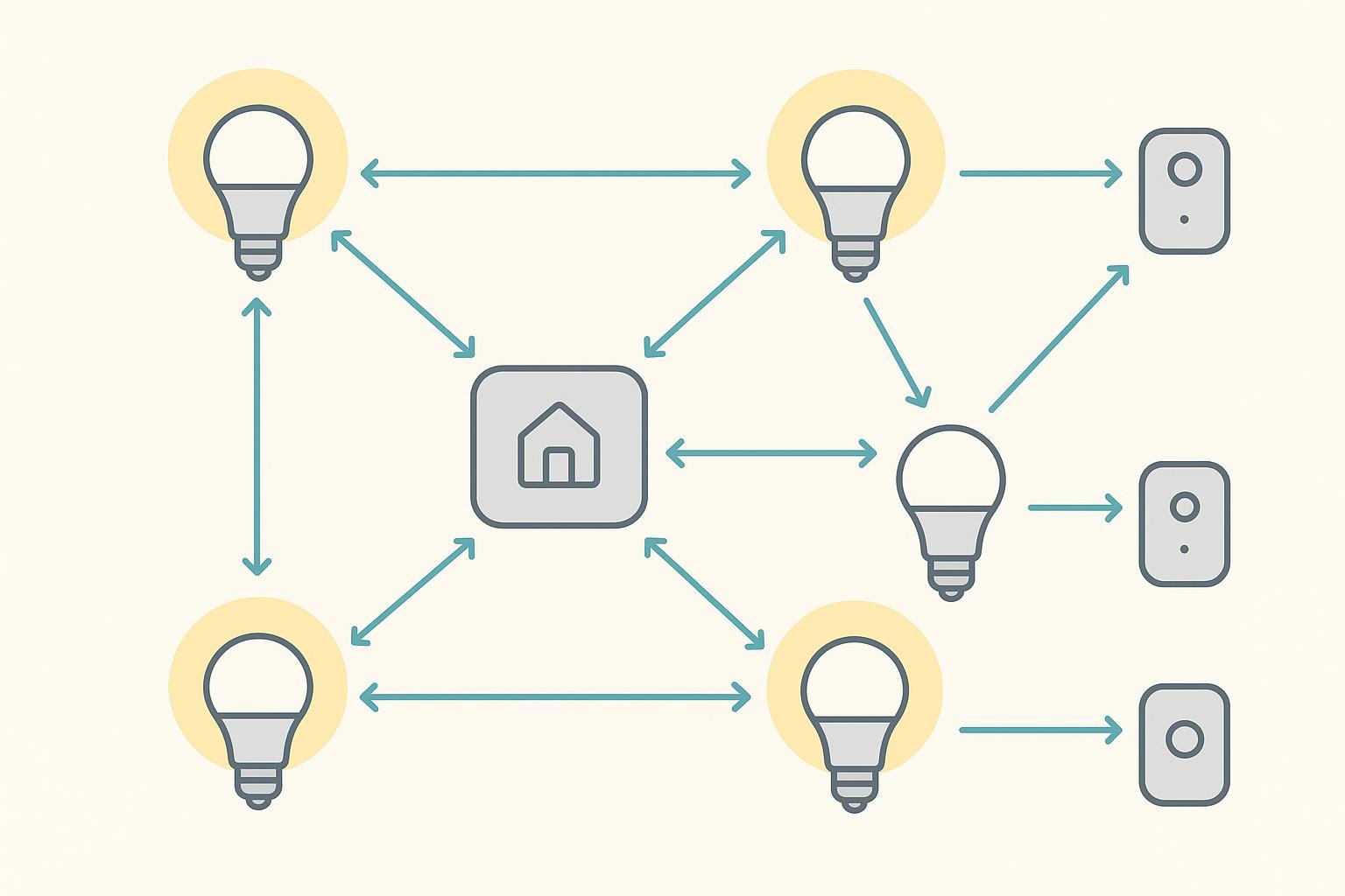 Diagram of Zigbee lighting mesh with coordinator, router lights, and end device sensors