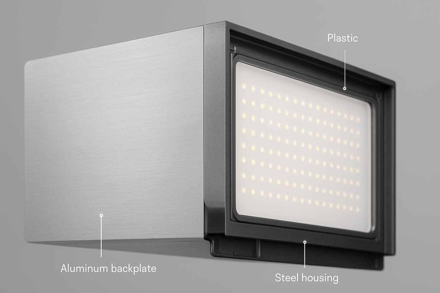 패널 조명 및 투광 조명용 알루미늄, 플라스틱, 강철 LED 조명 하우징 비교