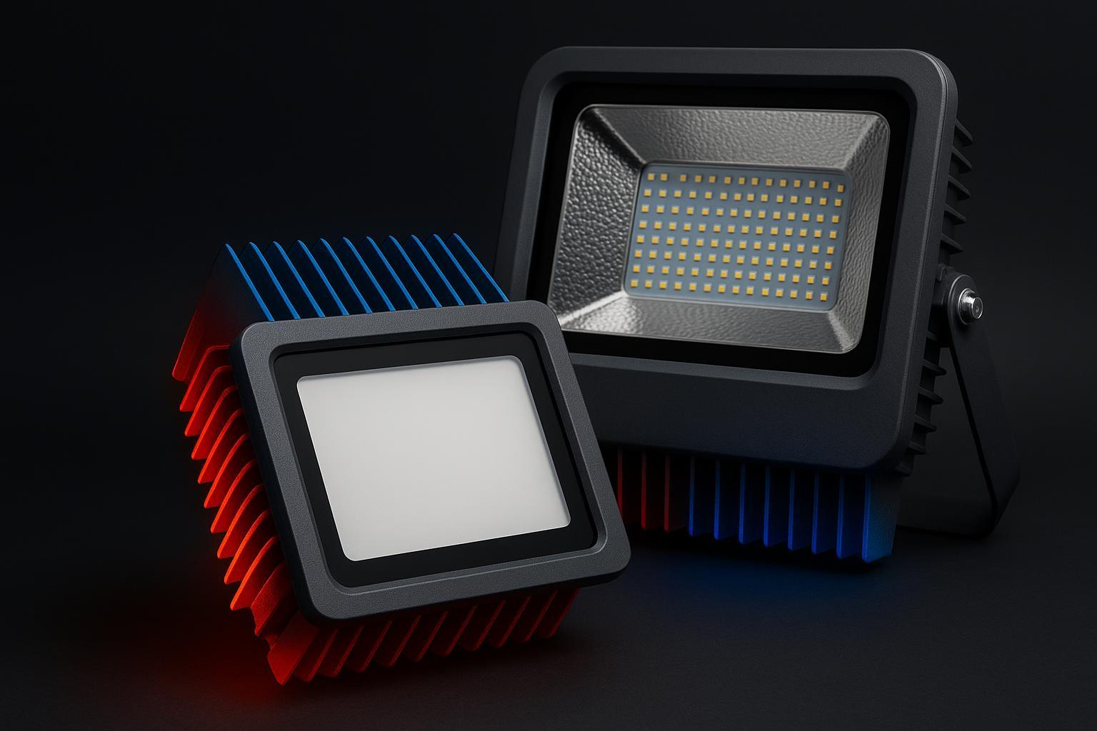 LED 조명기구의 다이캐스트 알루미늄 방열판을 통한 열 방출을 보여주는 열 관리 개념