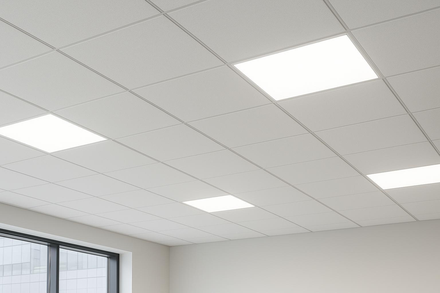 Modern office ceiling with LED panel lights providing even illumination