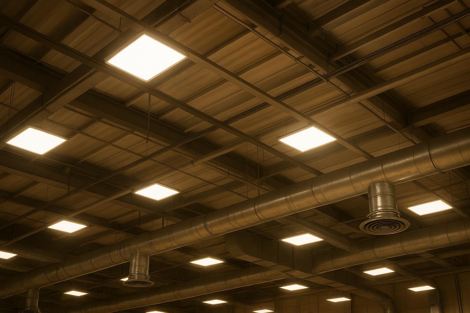 Installer handling an LED panel light during ceiling grid installation