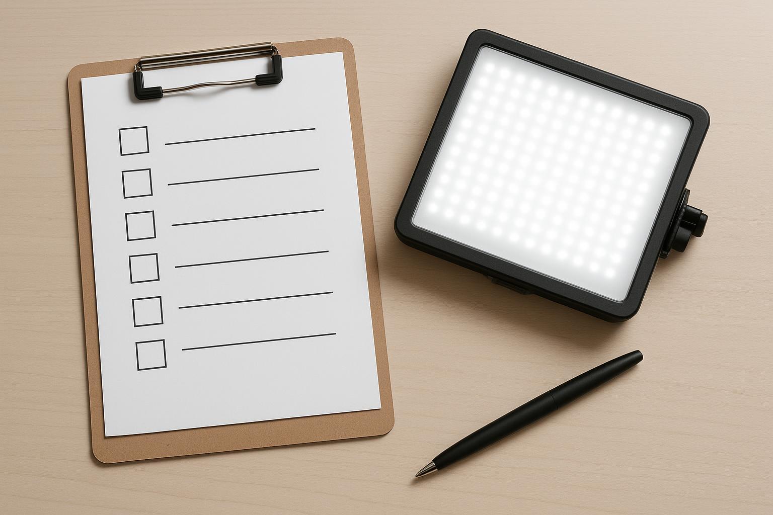 Facility buyer checklist and LED panel light in a procurement decision setting