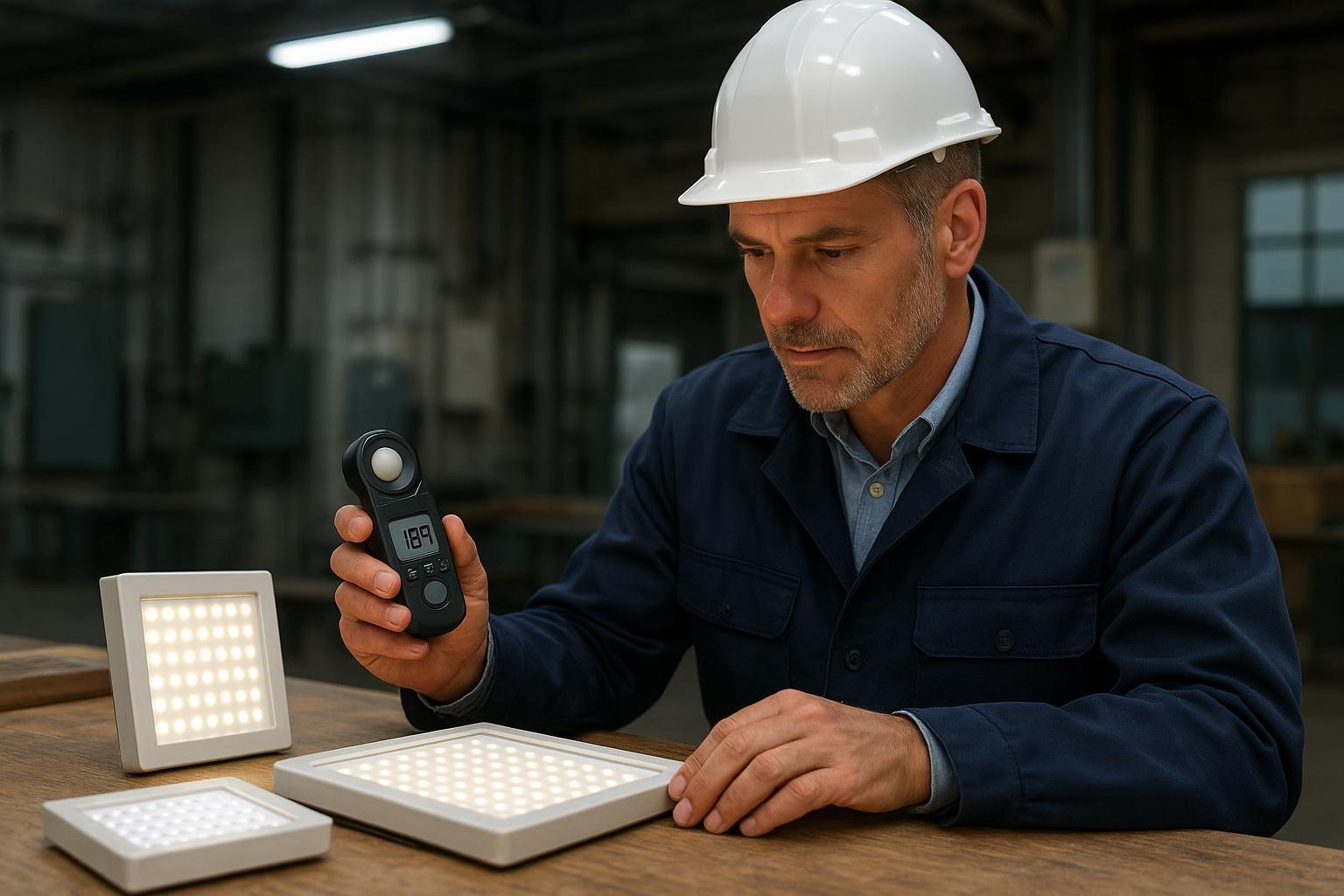 Facility manager inspecting LED panel light samples with a handheld lux meter