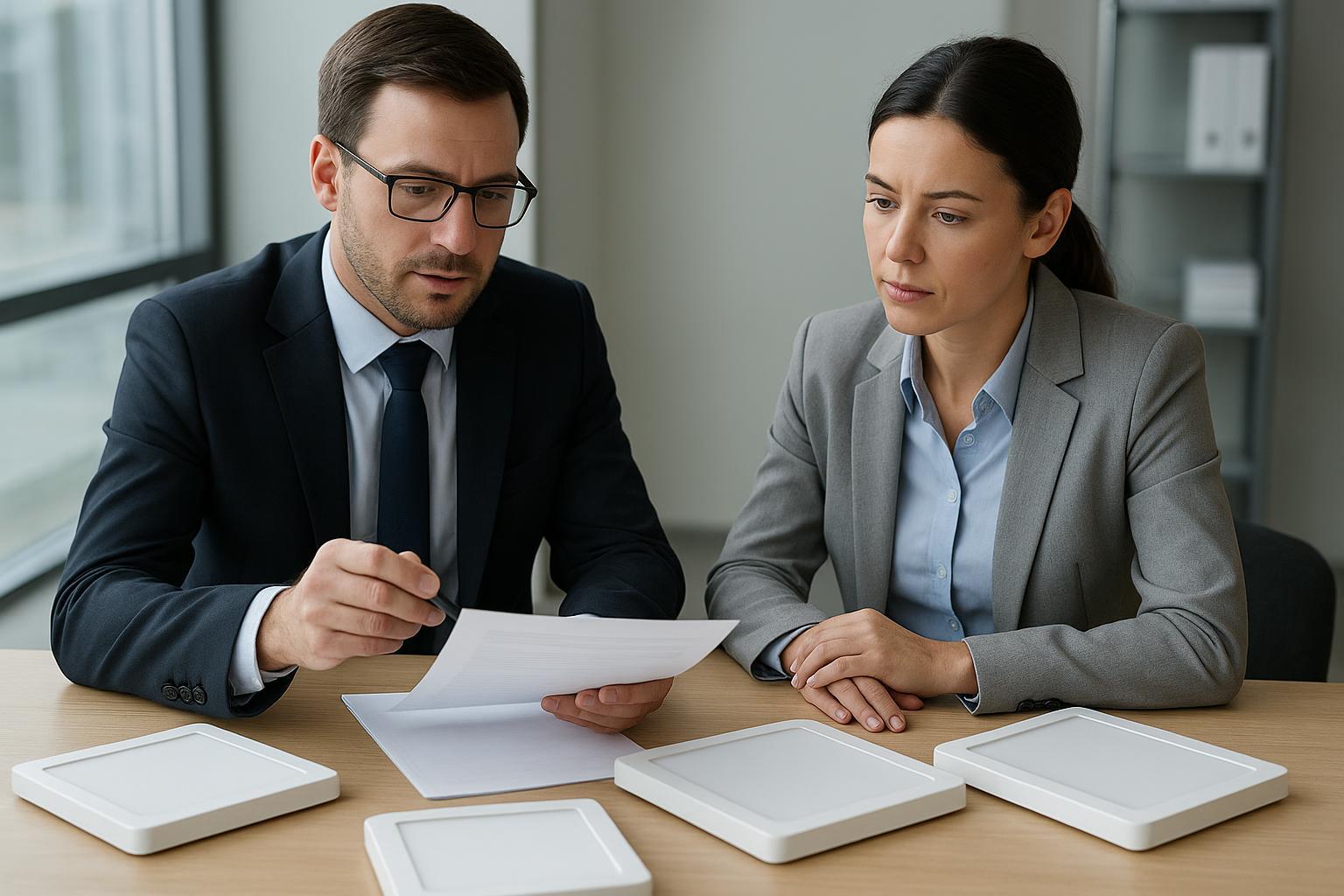 Facility buyer reviewing LED panel light specifications with a supplier in a B2B meeting
