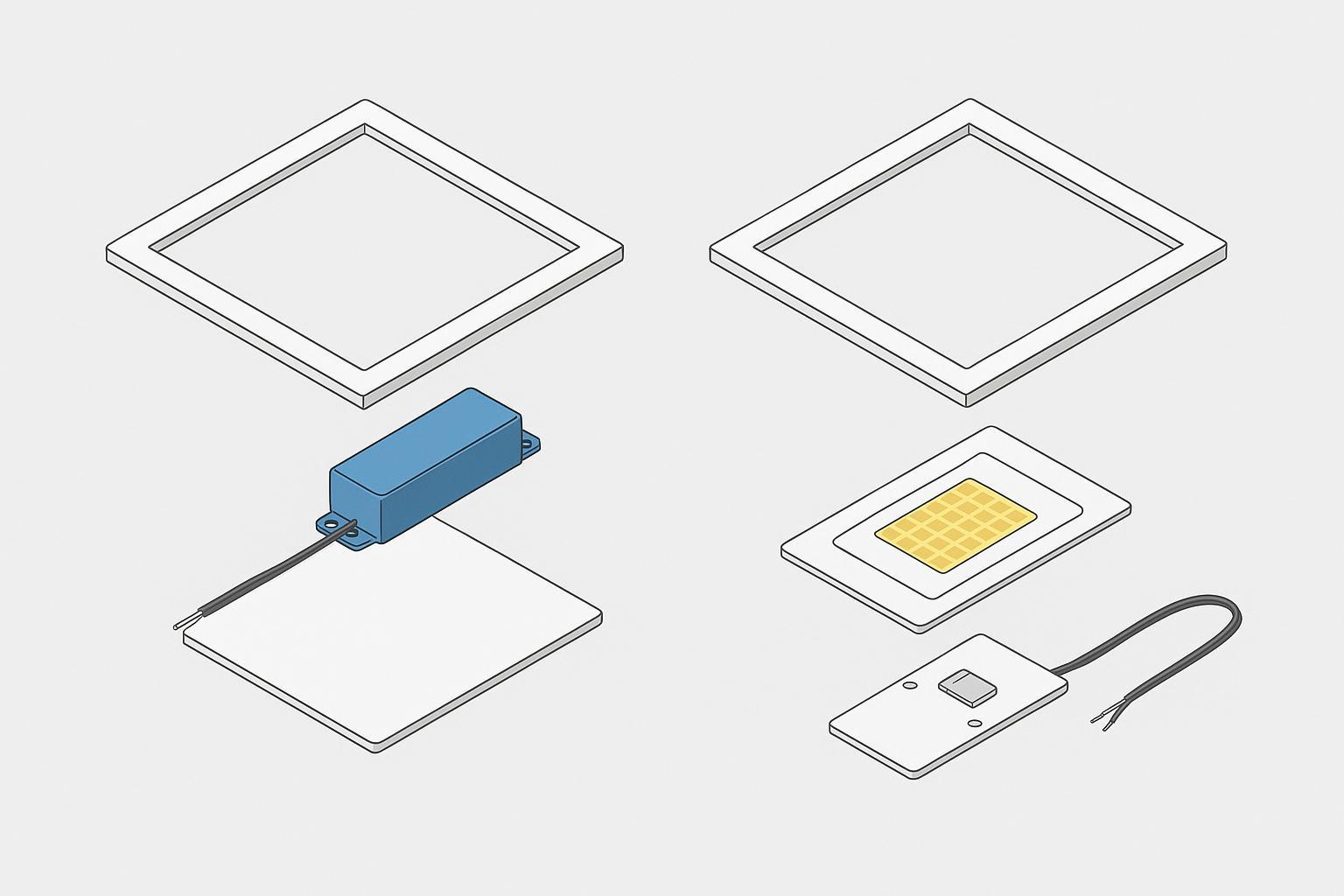Standard external driver vs DOB driver-on-board architecture illustration