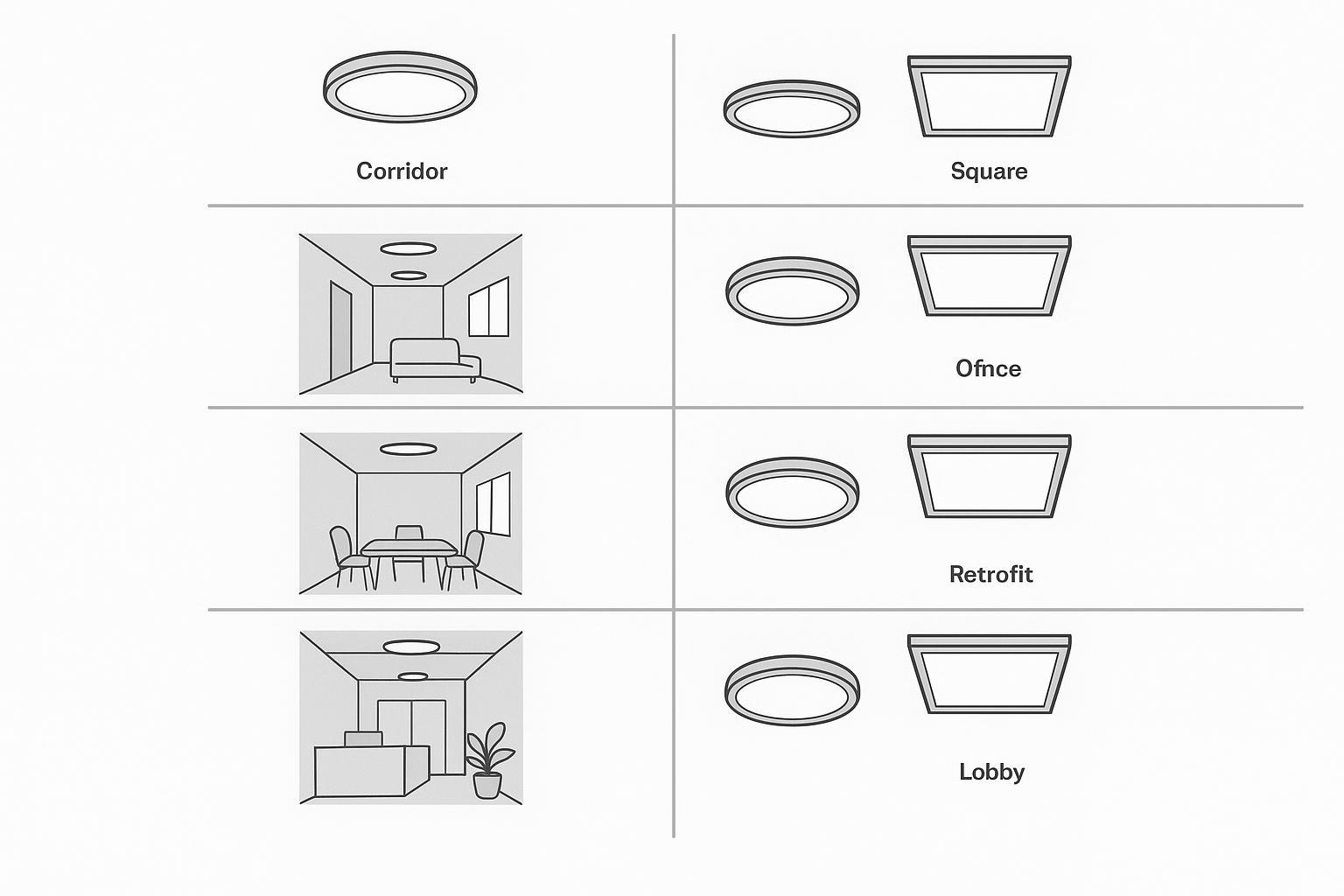 Scenario-based selection grid for recessed panel lights: corridor, apartments, office grid, retrofit, lobby