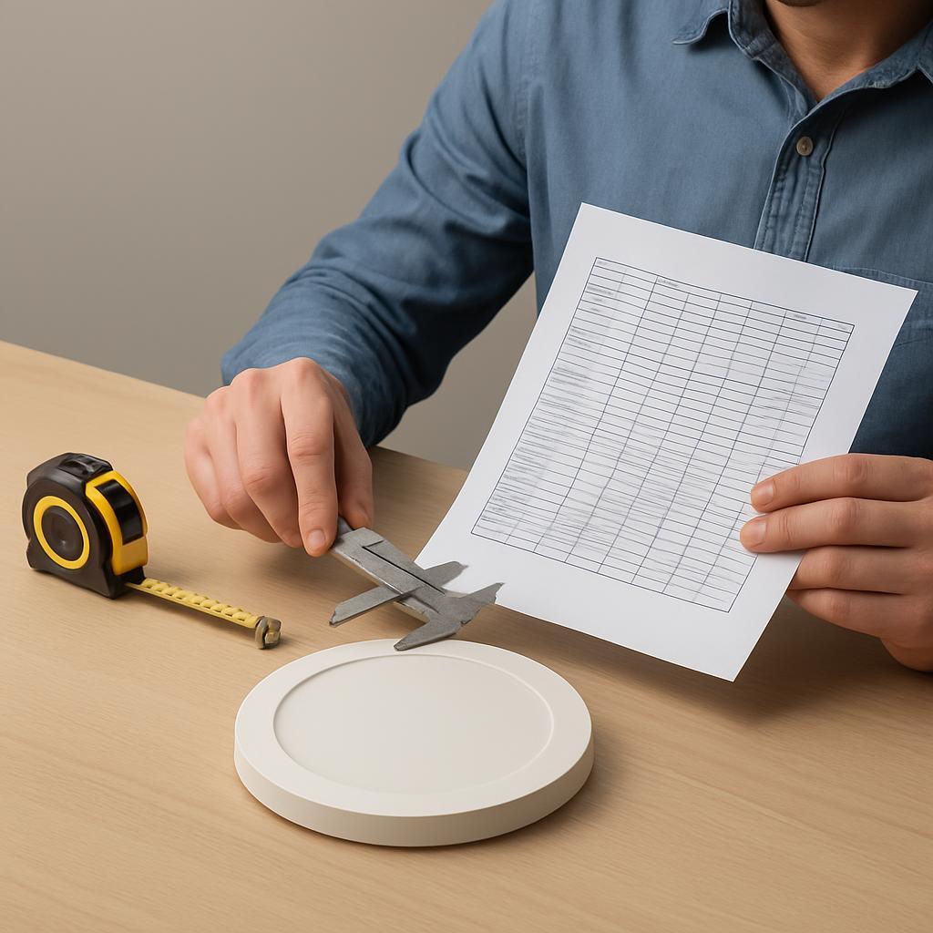 Modern office ceiling showing round and square surface-mounted LED panels in use