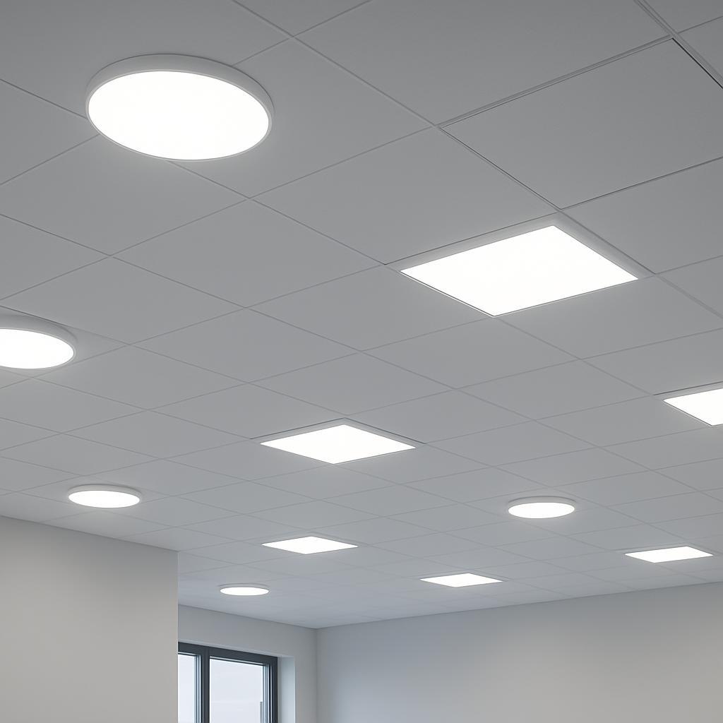 Studio product photo of a round surface-mounted LED panel light with an ivory border